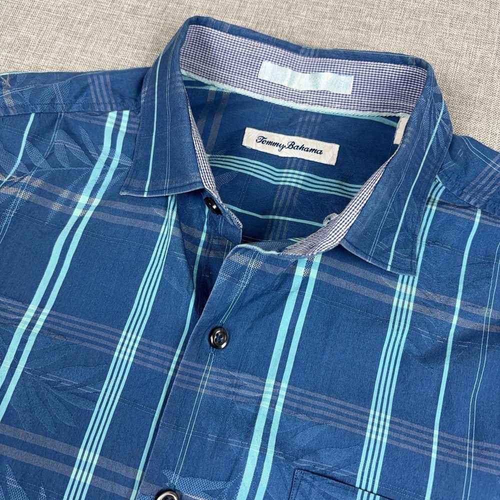 Tommy Bahama Shirt Mens Medium Blue Plaid Long Sleeve Button Up Cotton Silk